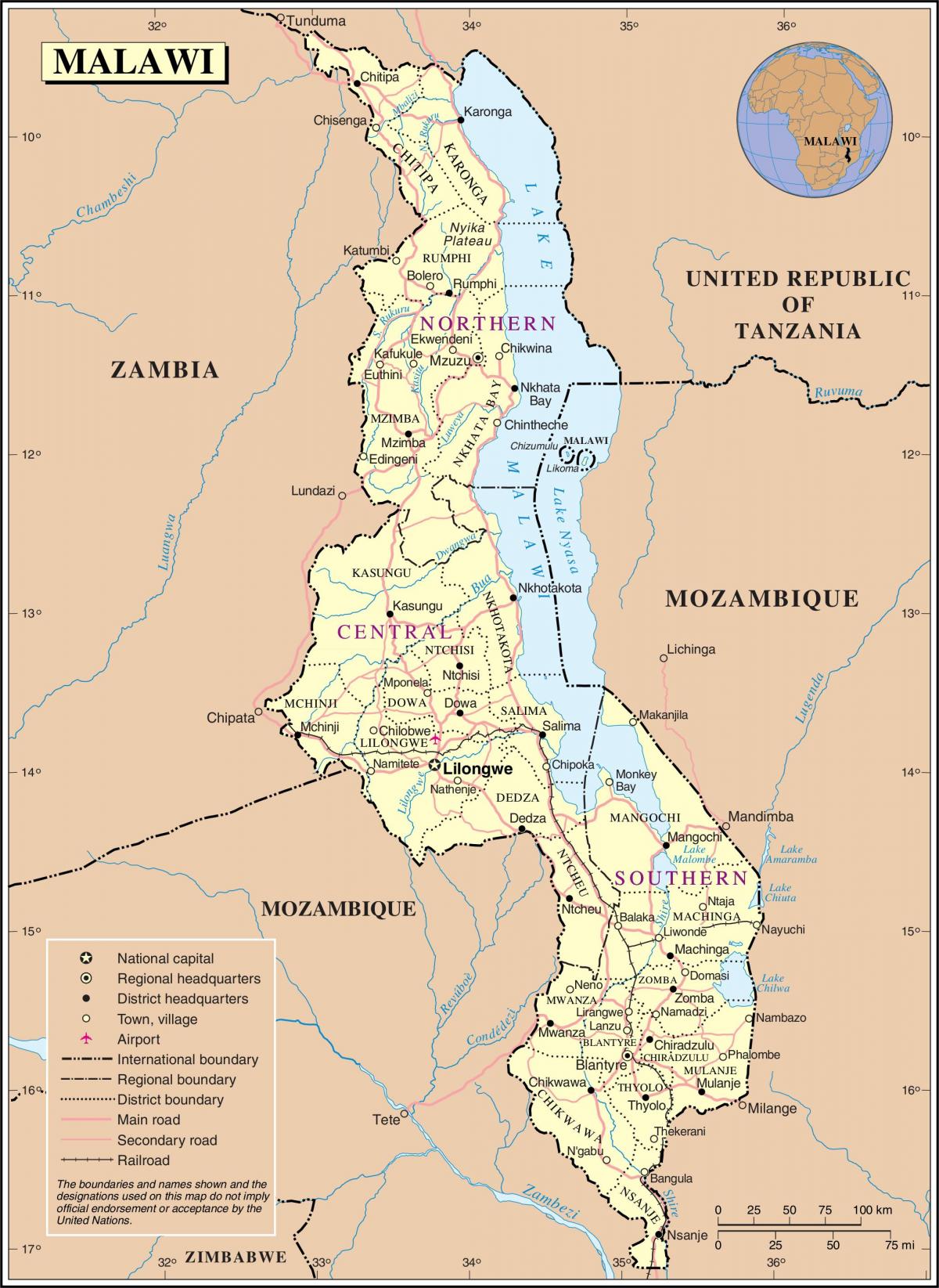 แผนที่ของมาลาวีแสดงเส้นทาง