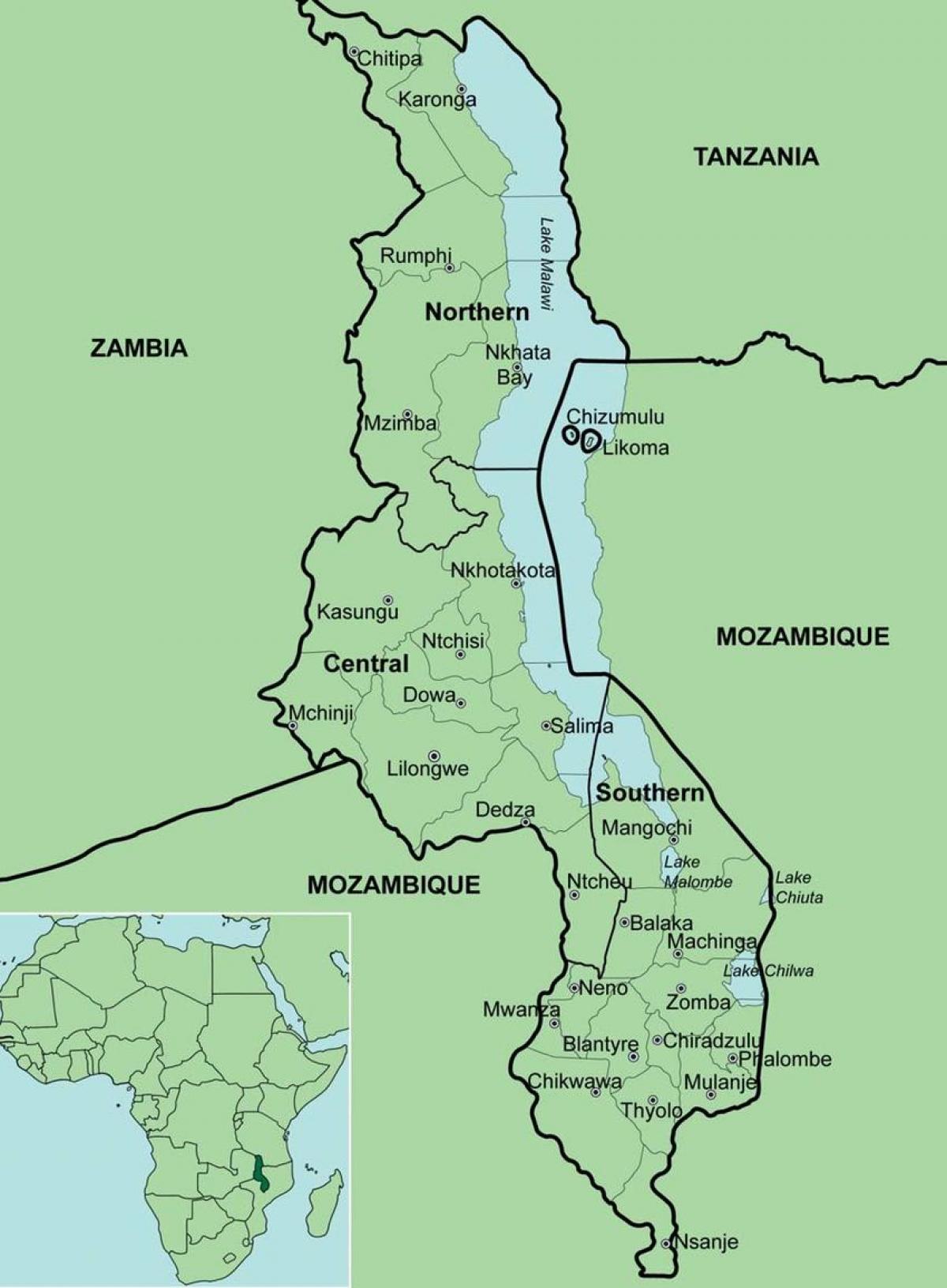 แผนที่ของมาลาวีแสดง districts. kgm